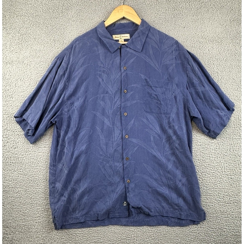 Tommy Bahama Silk Camp Shirt Mens XL Blue Blue Palm Leaf Print Short Sleeve